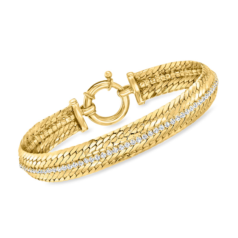Gold over sterling Cuban-link bracelet with round clasp and row of CZ stones