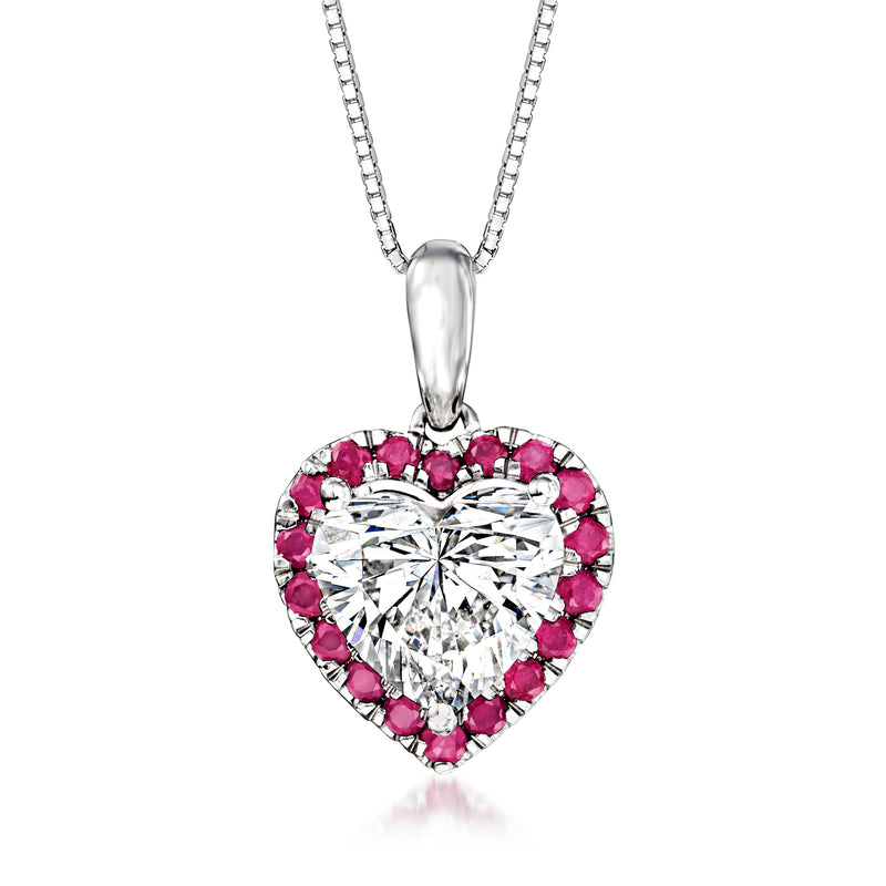 14kt white gold heart pendant necklace with lab-grown diamond center and ruby halo