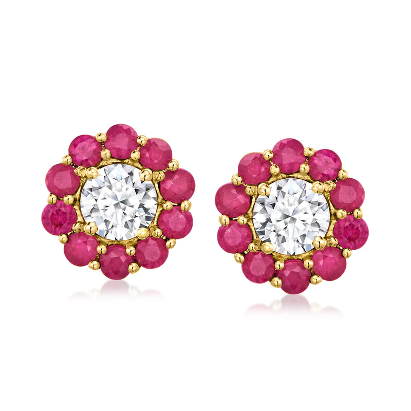 14kt yellow gold stud earrings with round lab-grown diamond and ruby cluster halos