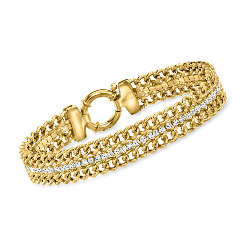 Gold curb-link bracelet with clear CZ stones and round clasp with hinged bar