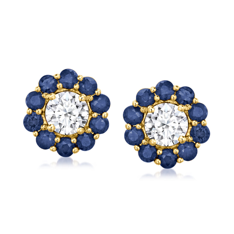 14kt yellow gold stud earrings with round lab-grown diamond and blue sapphire cluster
