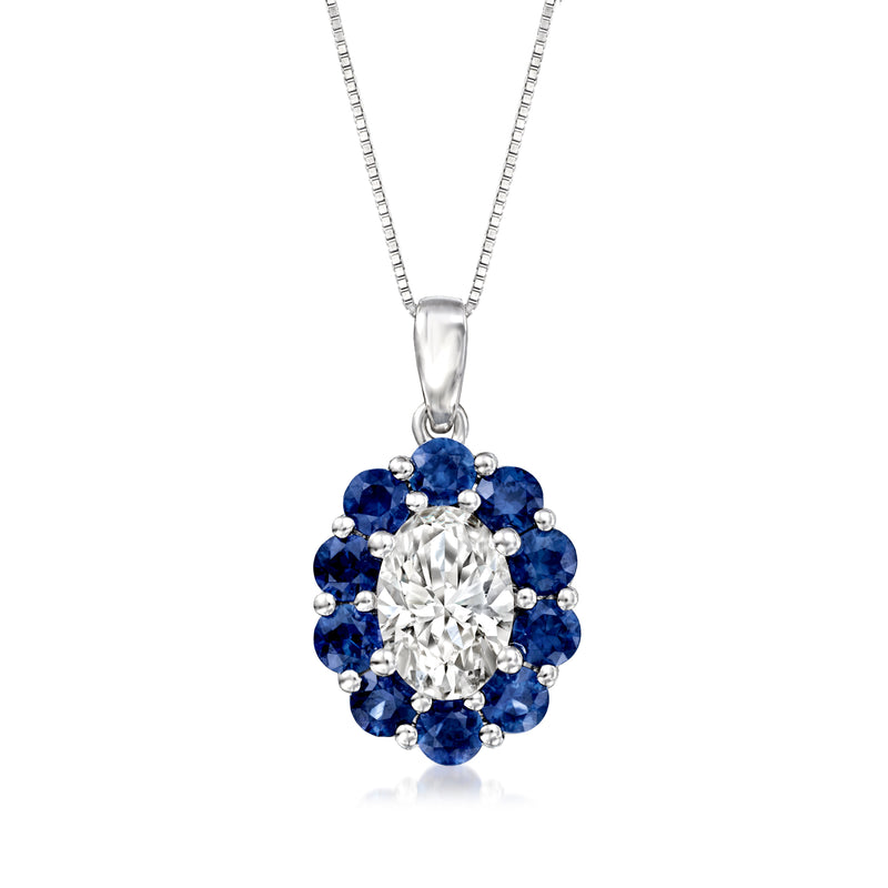 14kt white gold pendant necklace with lab-grown diamond and blue sapphire halo