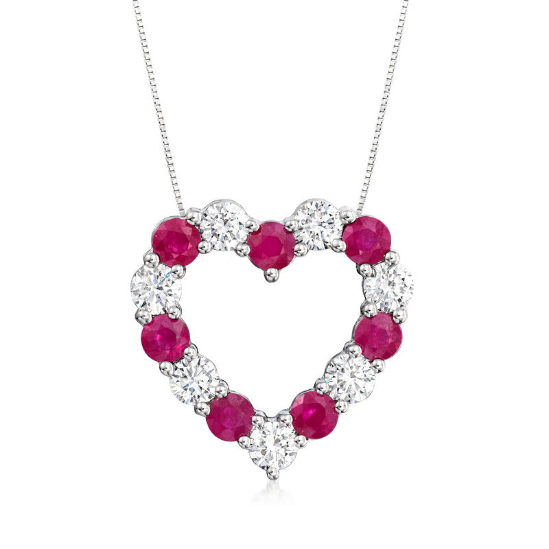 14kt white gold heart pendant necklace with lab-grown diamonds and ruby stones