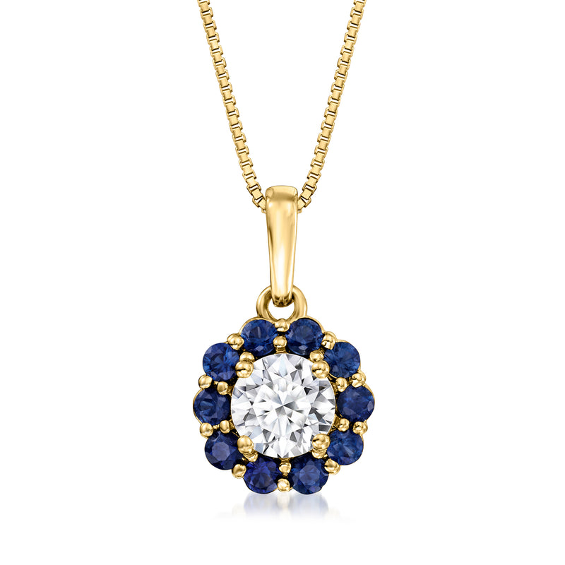 14kt yellow gold pendant necklace with round diamond center and sapphire halo