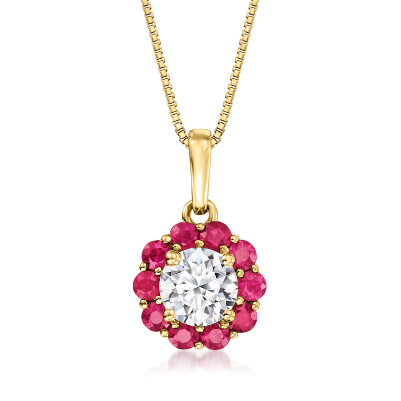 14kt yellow gold pendant necklace with round diamond center and pink ruby halo