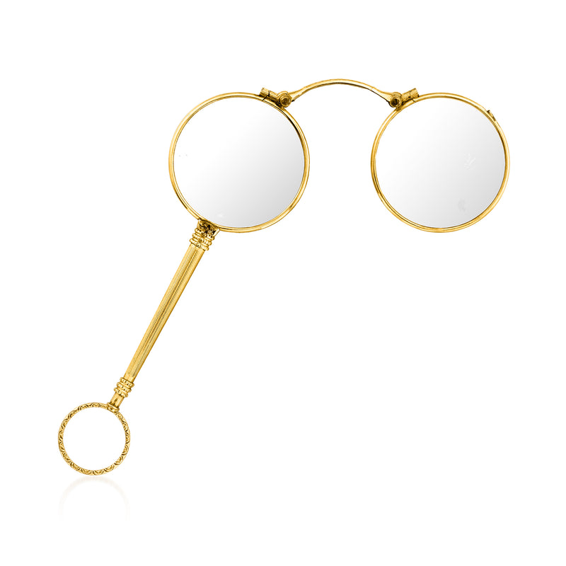 Vintage 14kt yellow gold lorgnette, round lenses with long bar handle