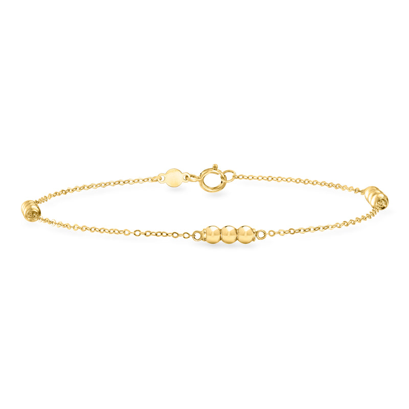 10kt yellow gold three-bead station bracelet with circular bead links and ring clasp