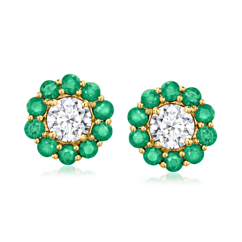 14kt yellow gold stud earrings with round white diamond and green emerald halo