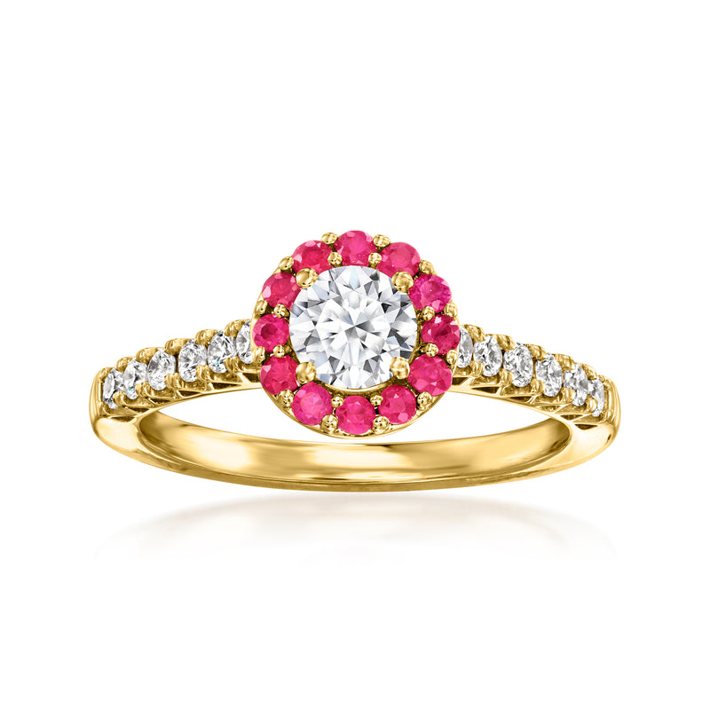 14kt yellow gold ring with round diamond center, ruby halo, and diamond band