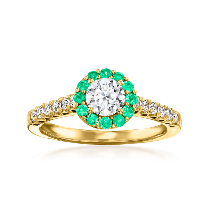 14kt yellow gold ring with round lab diamond center and green emerald halo