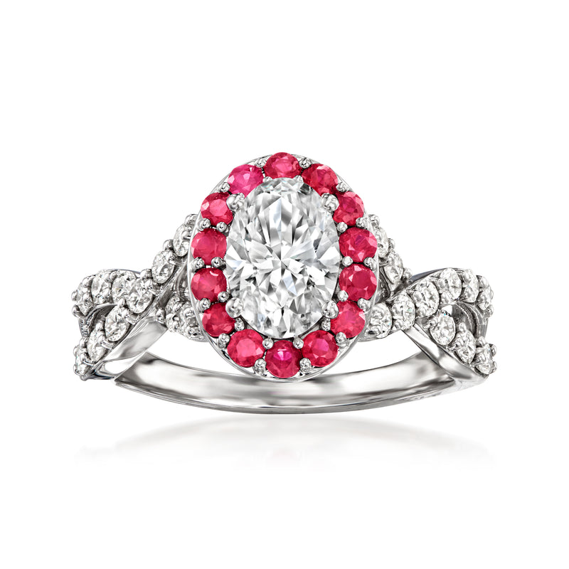 14kt white gold ring, round lab-grown diamond center, ruby halo, diamond accents