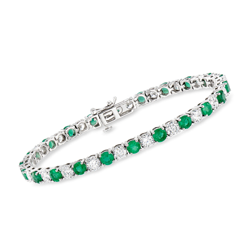 14kt white gold tennis bracelet with emerald green gemstone and diamond accents