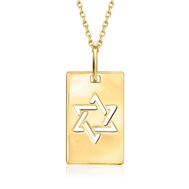 14kt yellow gold Star of David tag pendant necklace, rectangular pendant on chain
