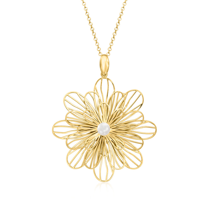 Gold-tone daisy flower pendant necklace with round pearl center on chain