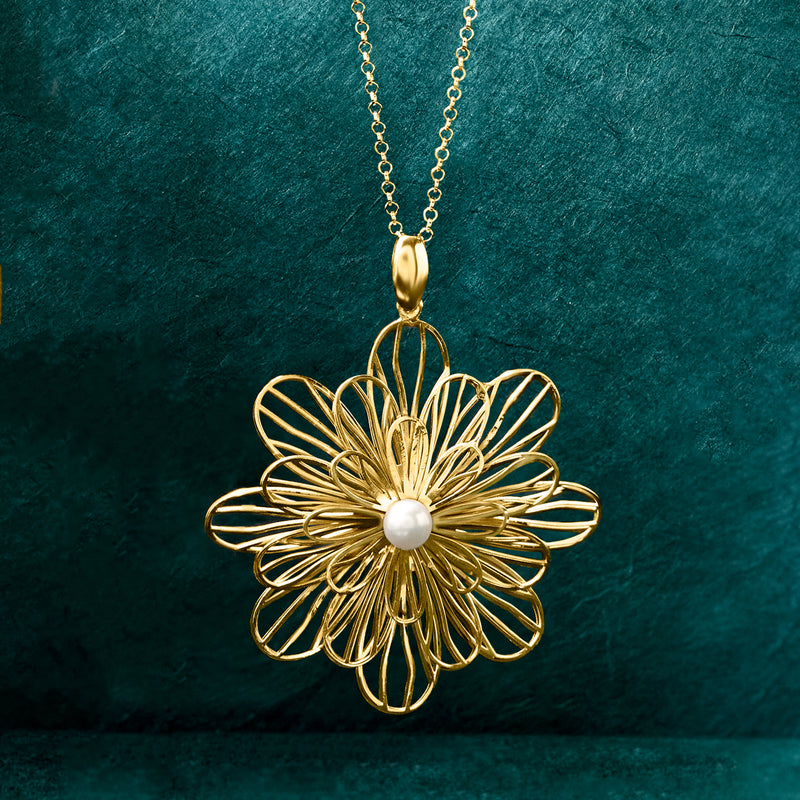 Gold-tone daisy pendant necklace with oval bail and round pearl center