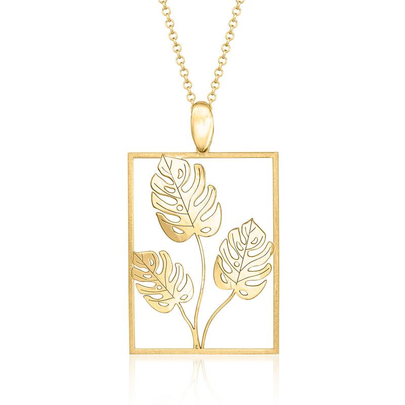 Gold over sterling pendant necklace, square palm leaf design with satin-polished gold