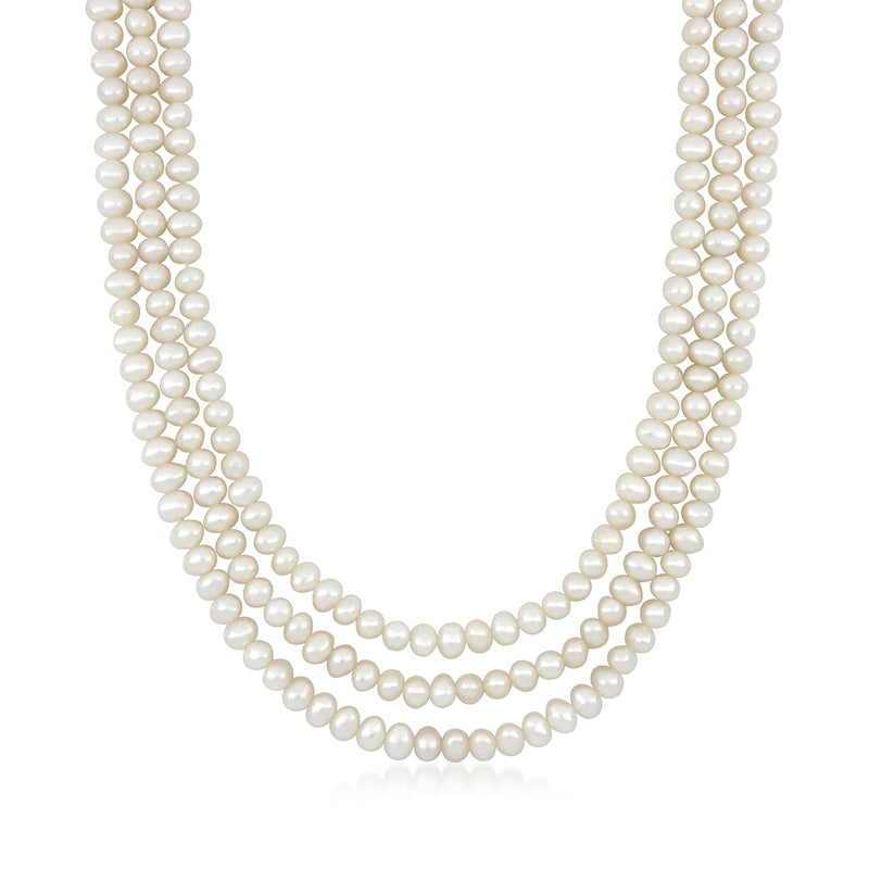Cultured pearl endless necklace with double-row U-shaped strands, 5.5–7mm pearls