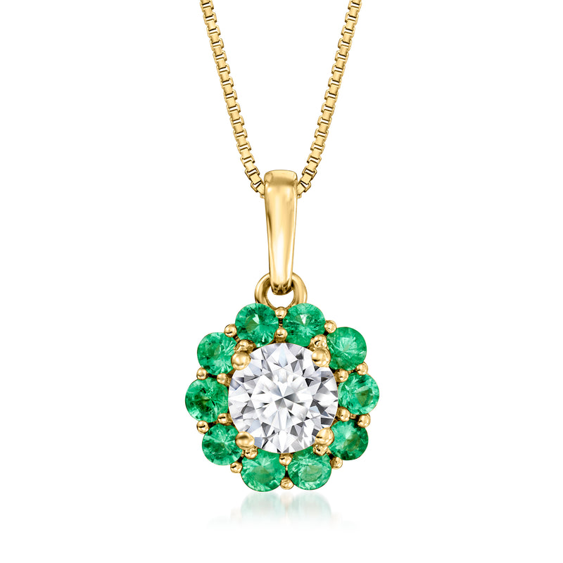 14kt yellow gold pendant with round diamond and emerald halo