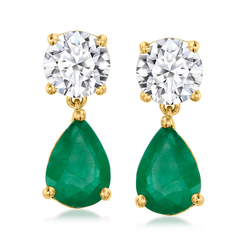 14kt yellow gold drop earrings with round diamond-look stones and pear green gemstone drops