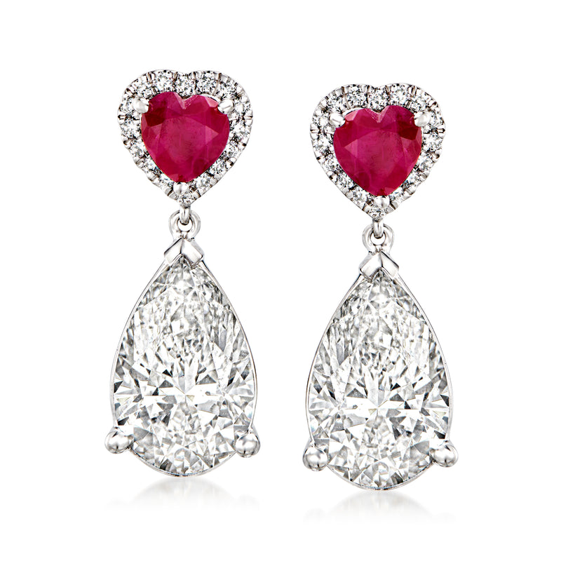 Ruby heart and diamond teardrop drop earrings in 14kt white gold