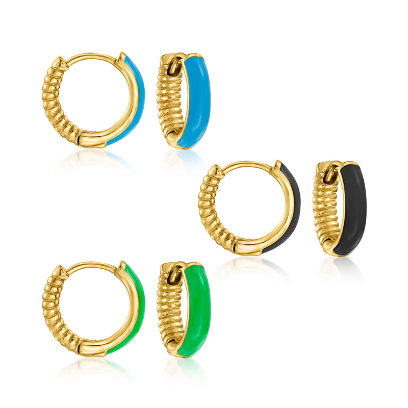 Reversible enamel hoop earrings set with blue, black, and green inner panels, gold-tone hoops