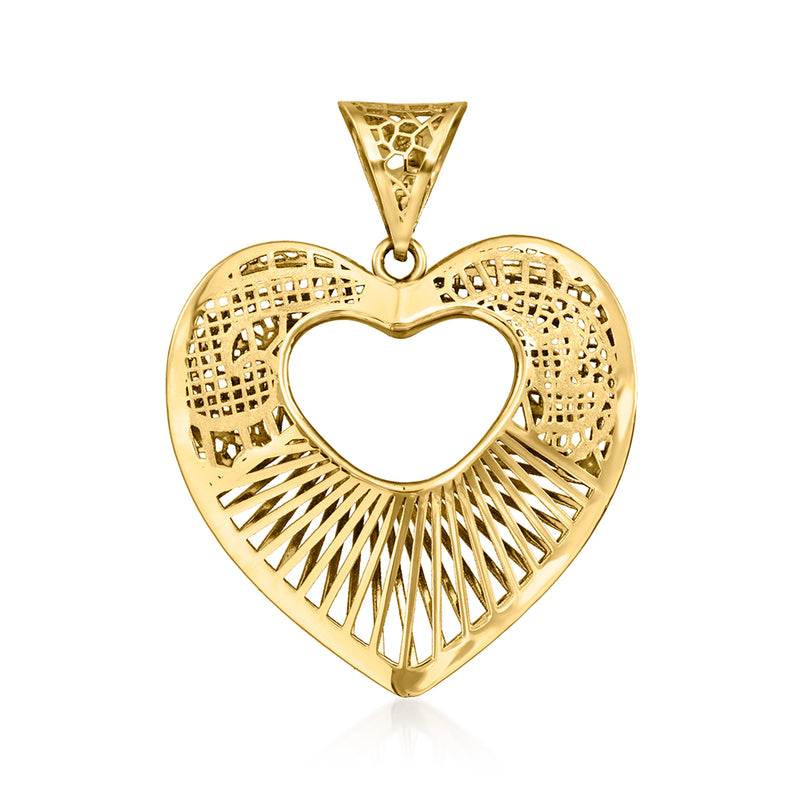 14kt yellow gold filigree heart pendant with openwork cutout and top bail