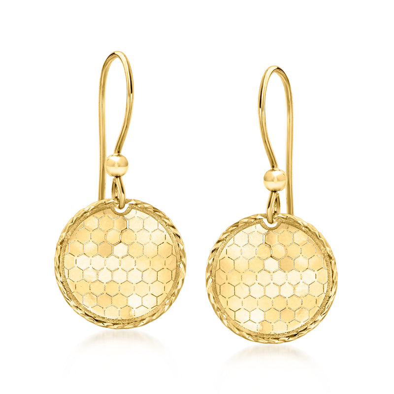 18kt yellow gold honeycomb circle drop earrings with earwire hooks