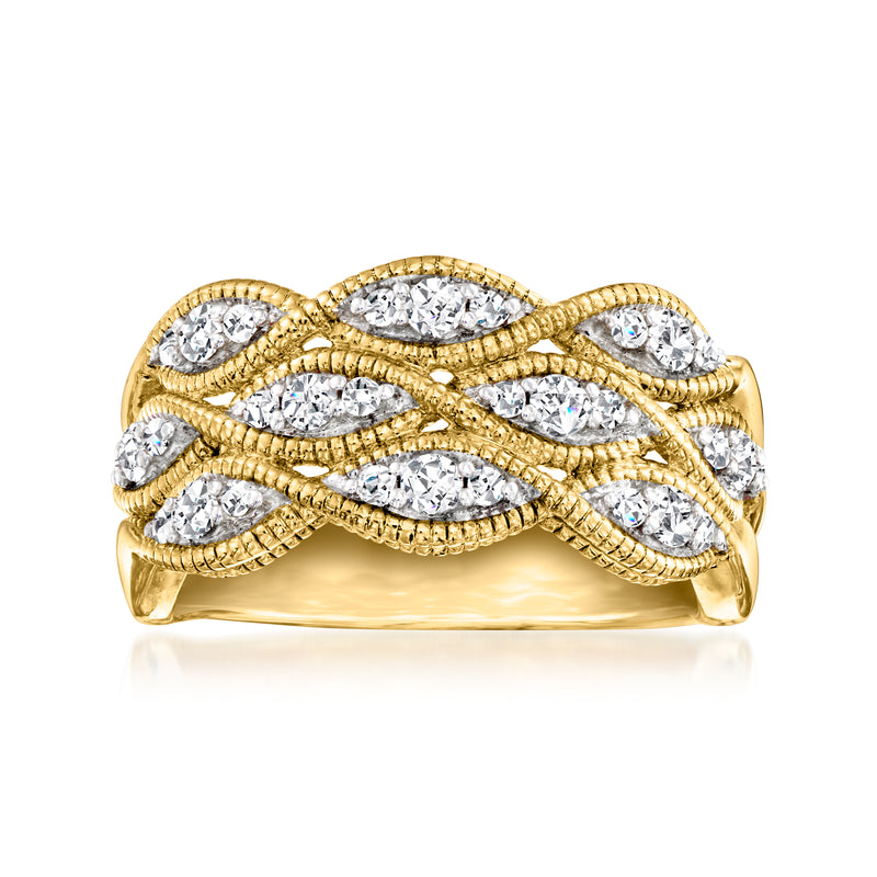18kt gold over sterling diamond multi-cluster ring with crisscross rope setting and round stones