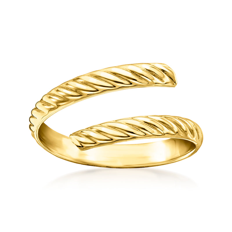 14kt yellow gold ribbed bypass ring with diagonal texture, open crossover band