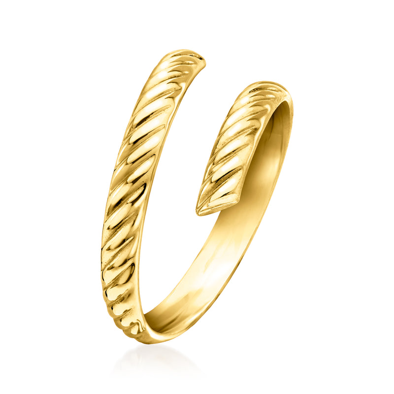 Yellow gold ribbed bypass ring, open crossover design, side view