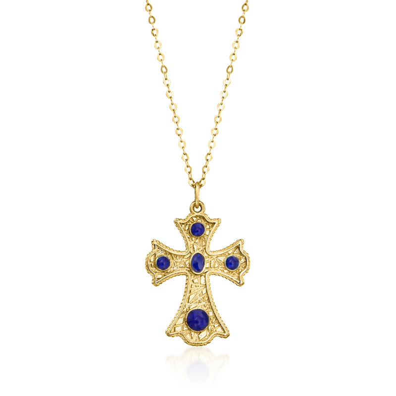 14kt yellow gold Celtic cross pendant necklace with blue enamel, gold link chain