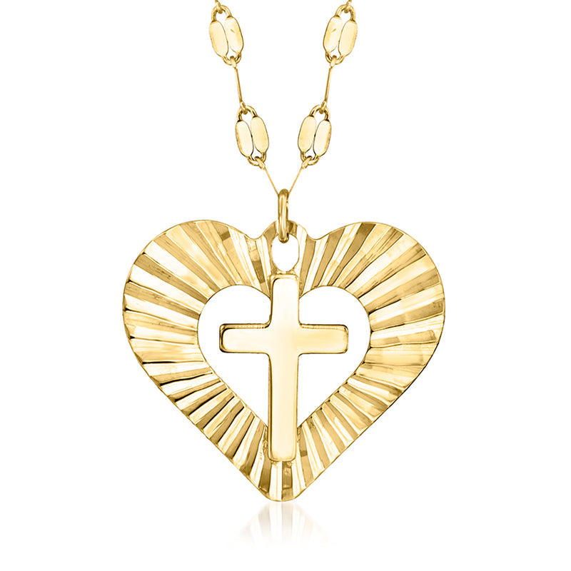 18kt yellow gold heart pendant necklace with centered cross