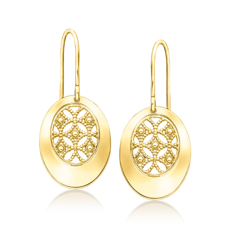 14kt yellow gold oval drop earrings with milgrain edge, filigree detail on earwires