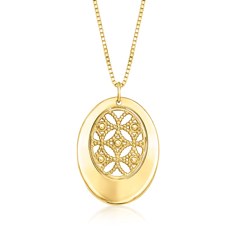 14kt yellow gold milgrain oval necklace with filigree pendant
