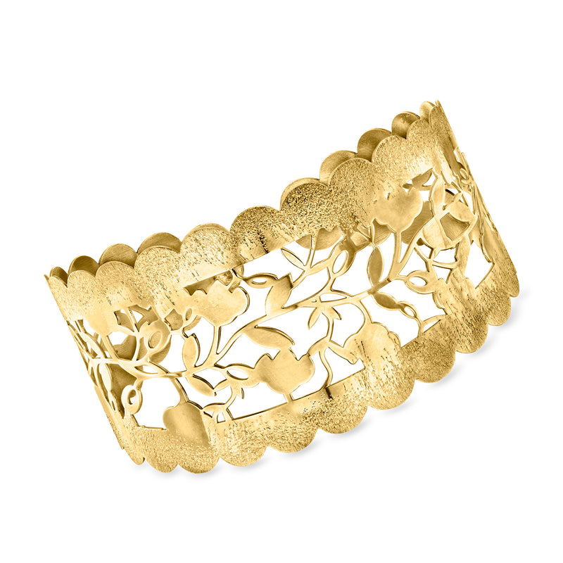 Gold over sterling textured cuff bracelet with polished floral cutout design