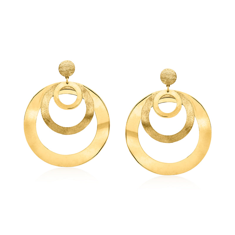 Gold circle drop earrings with triple layered ring design and small top bead