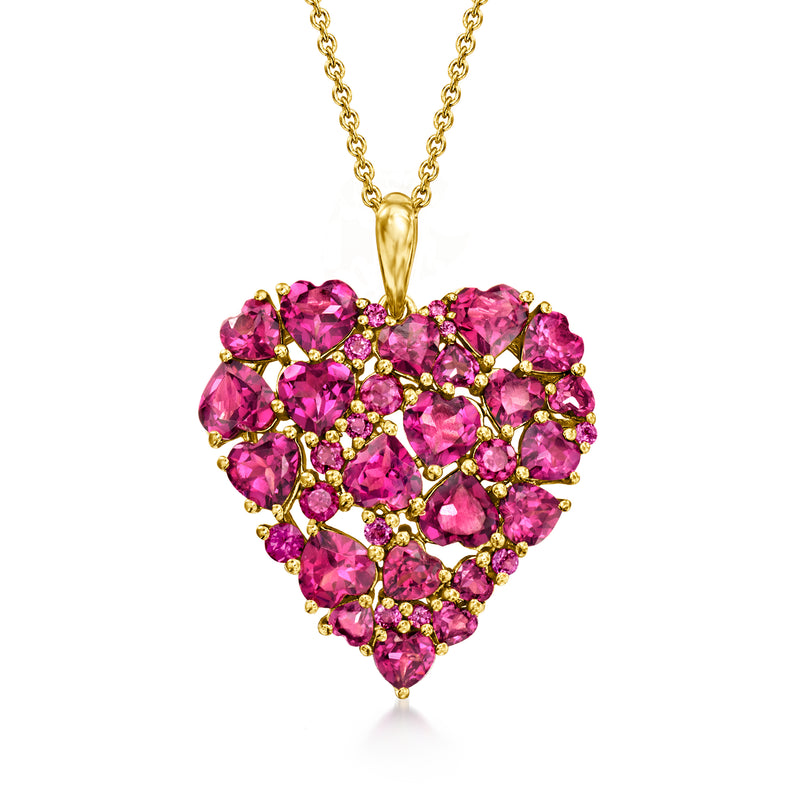 Rhodolite garnet heart pendant necklace with pink gemstones and 18kt gold over sterling chain