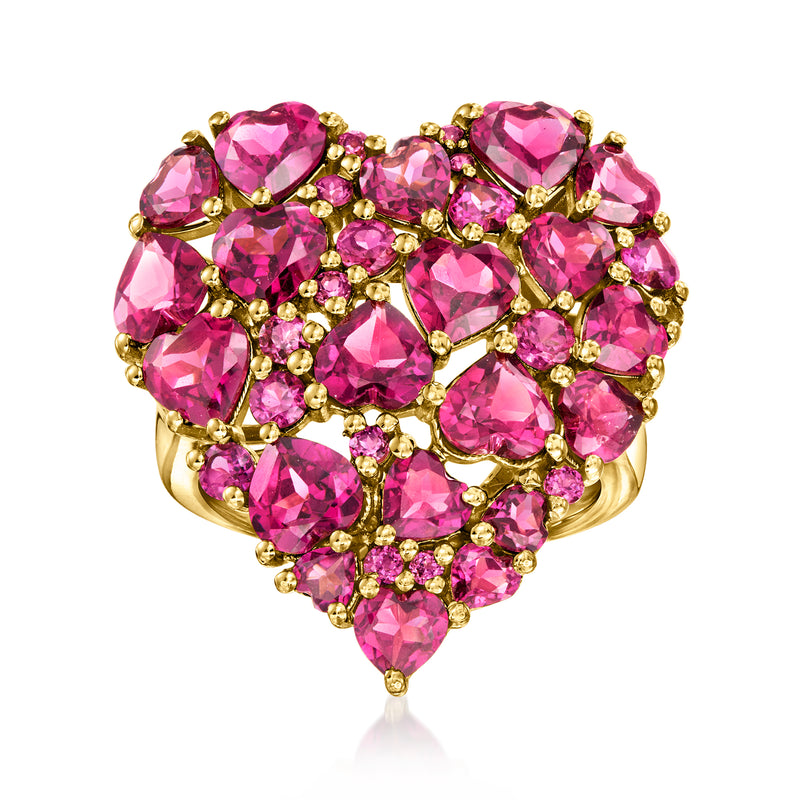Rhodolite garnet heart ring with pink stones and gold-tone bezel setting