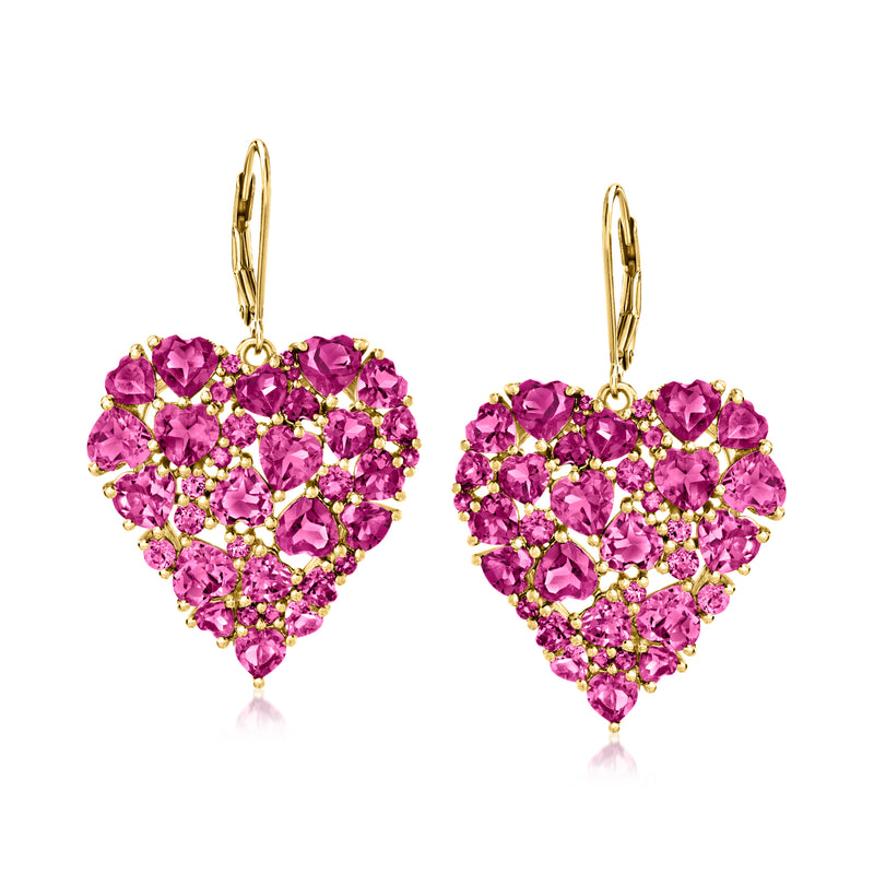Heart drop earrings with purple rhodolite garnet-style stones and gold leverback hooks