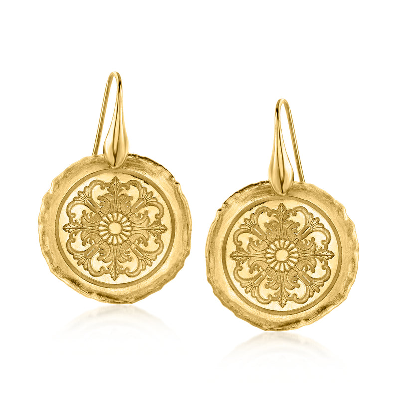 18kt gold over sterling etched rosette drop earrings with round medallion, earwire