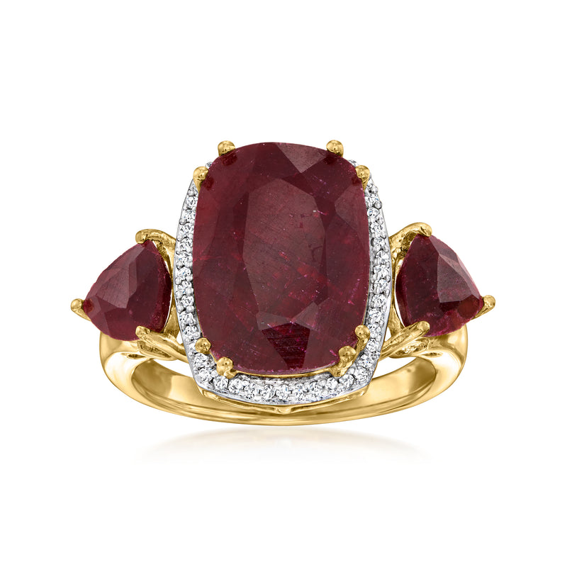 Oval ruby-style center gemstone ring in gold with marquise diamond-look halo and side stones