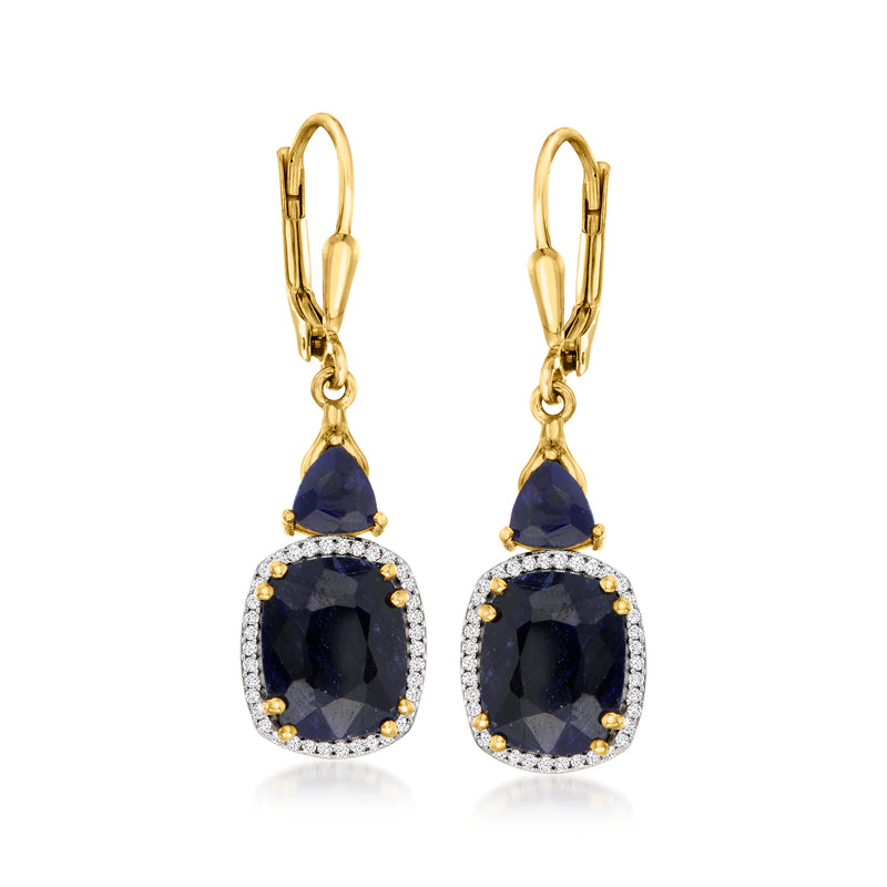 Gold leverback drop earrings with dark blue sapphire teardrop and diamond halo.