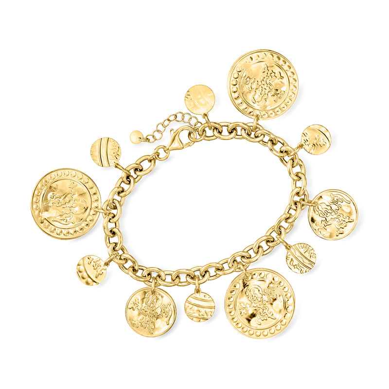 Gold disc station bracelet with round medallion charms and chain links