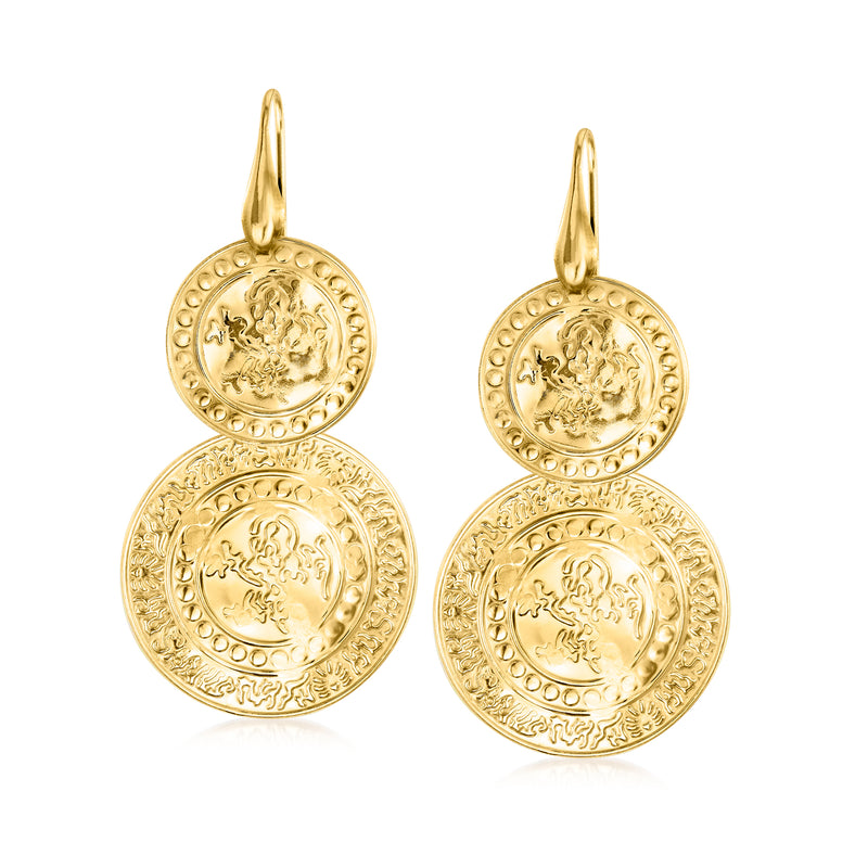 18kt gold over sterling disc drop earrings with engraved round medallion drops