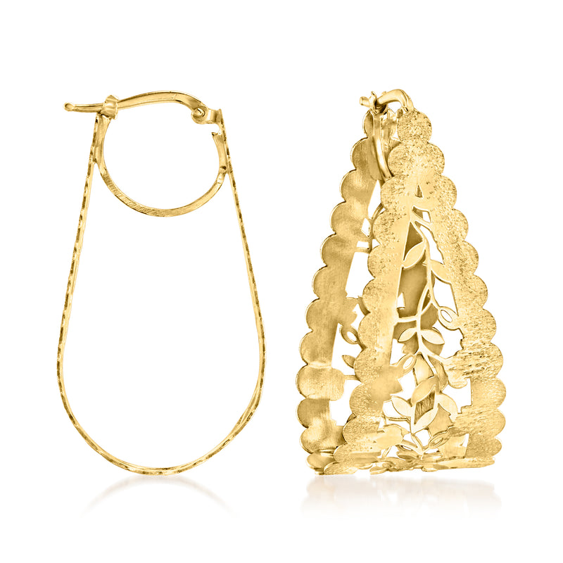 Gold-tone floral hoop drop earrings with textured leafwork and hinged clasp