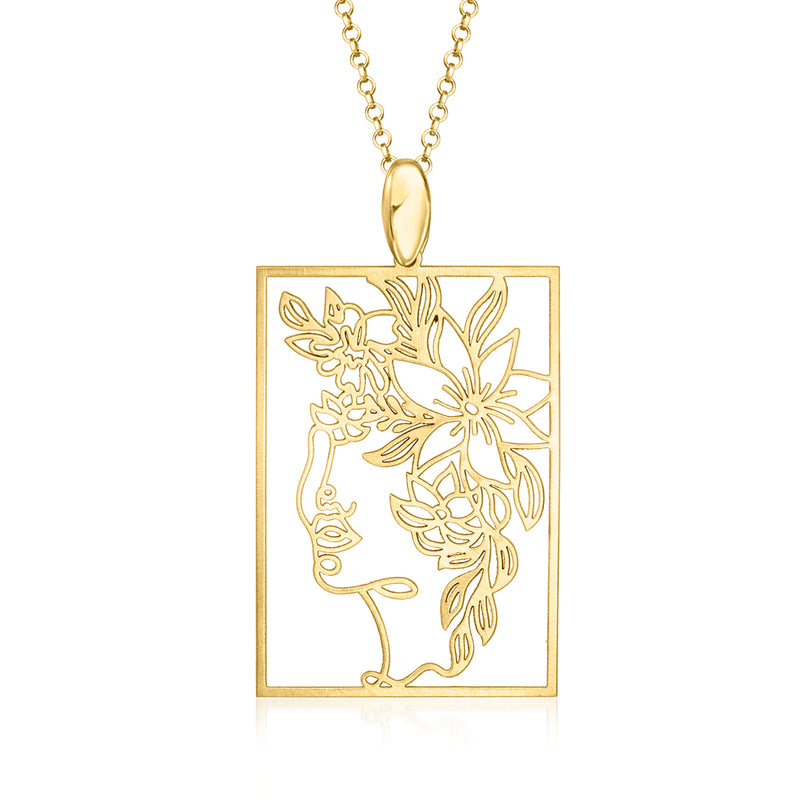Gold-tone rectangular floral profile pendant necklace with polished outline details