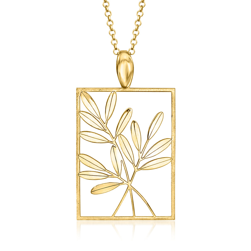 Gold-tone pendant necklace with rectangular leaf-branch design and polished edges