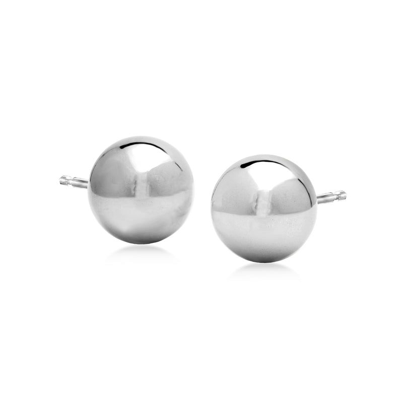 10mm 14k white gold ball stud earrings, round polished spheres with post backs