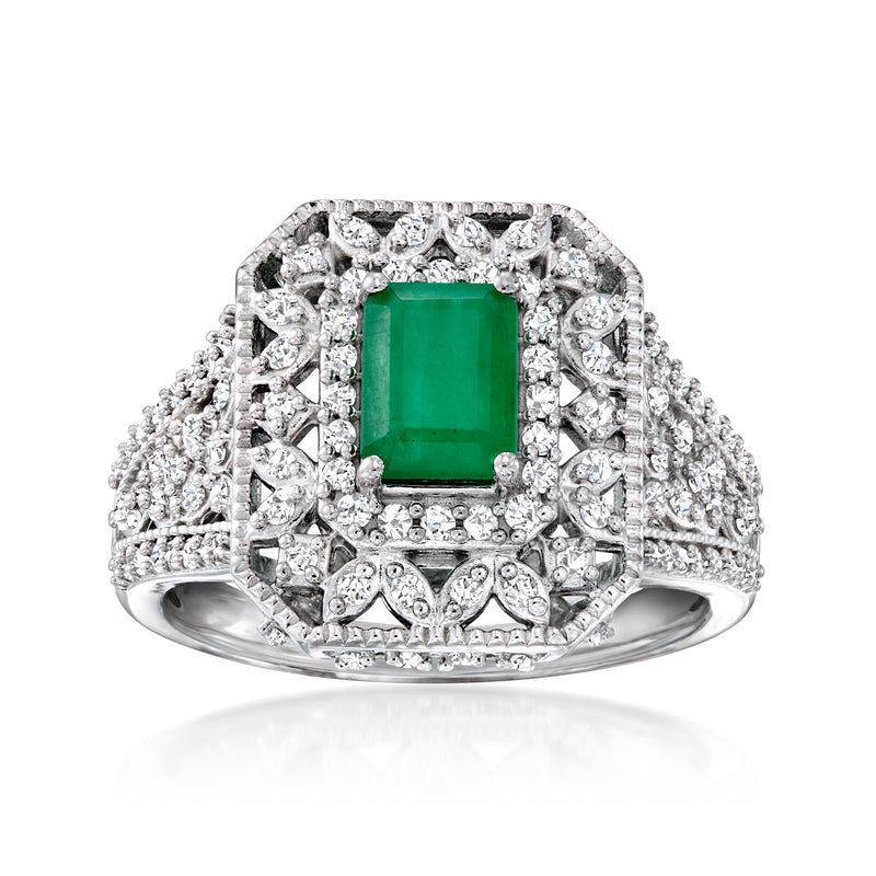 Sterling silver diamond ring with square emerald-green center and ornate halo