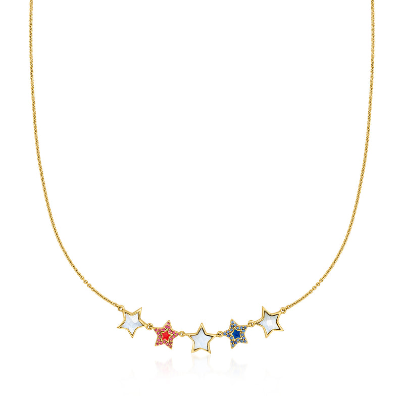 Gold-tone star necklace with red and blue enamel five-point charms on a fine chain